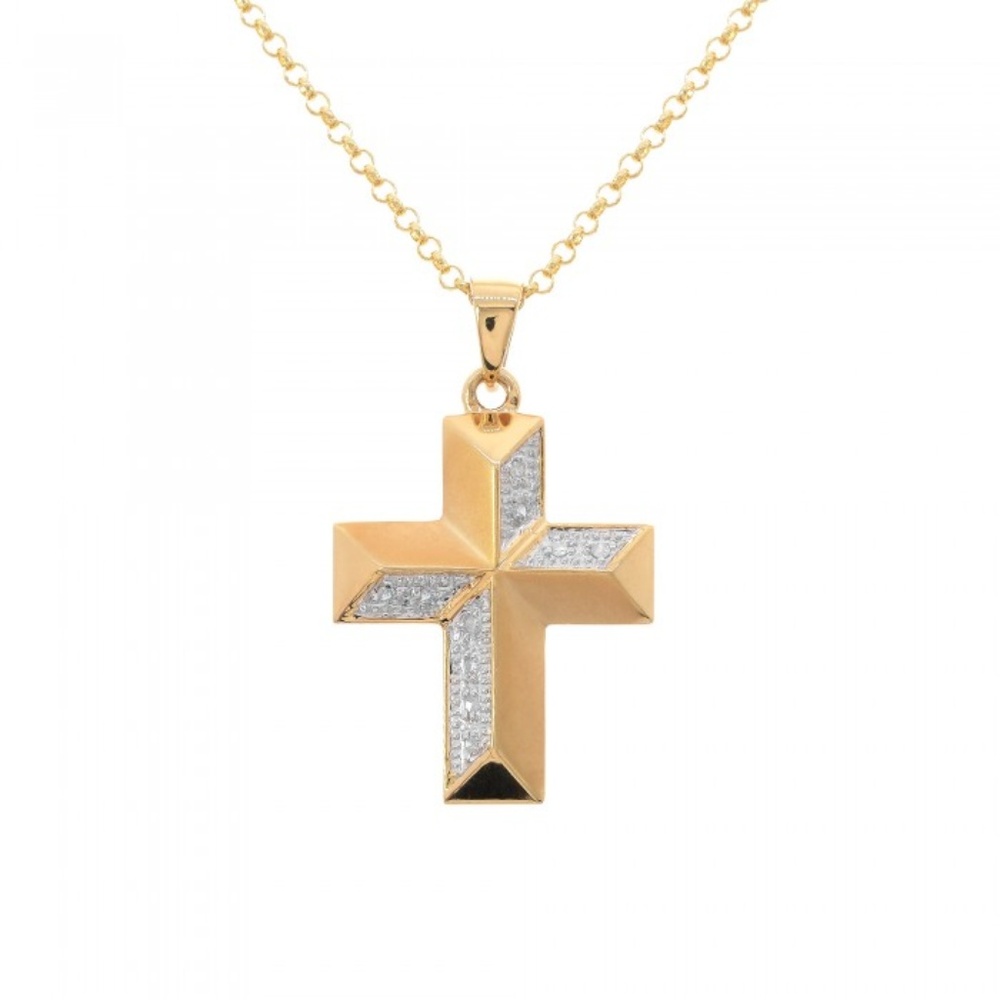 0.10 Ct. tw. Pavé Round Diamond Faceted Cross Pendant 10K Yellow Gold